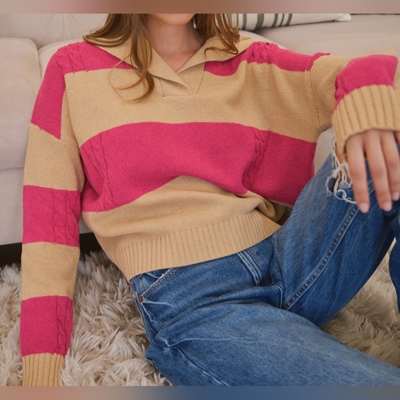 #213 FINAL PRICE 🛑S, L BOHO  SPREAD COLLAR NECK COLOR BLOCKED SWEATER TOP - Picture 12 of 12